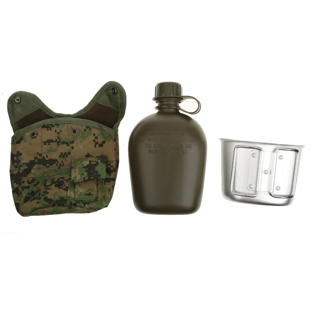 3 piece Army Military Camping Sport Water Bottle Canteen with Cup, Cover 34o