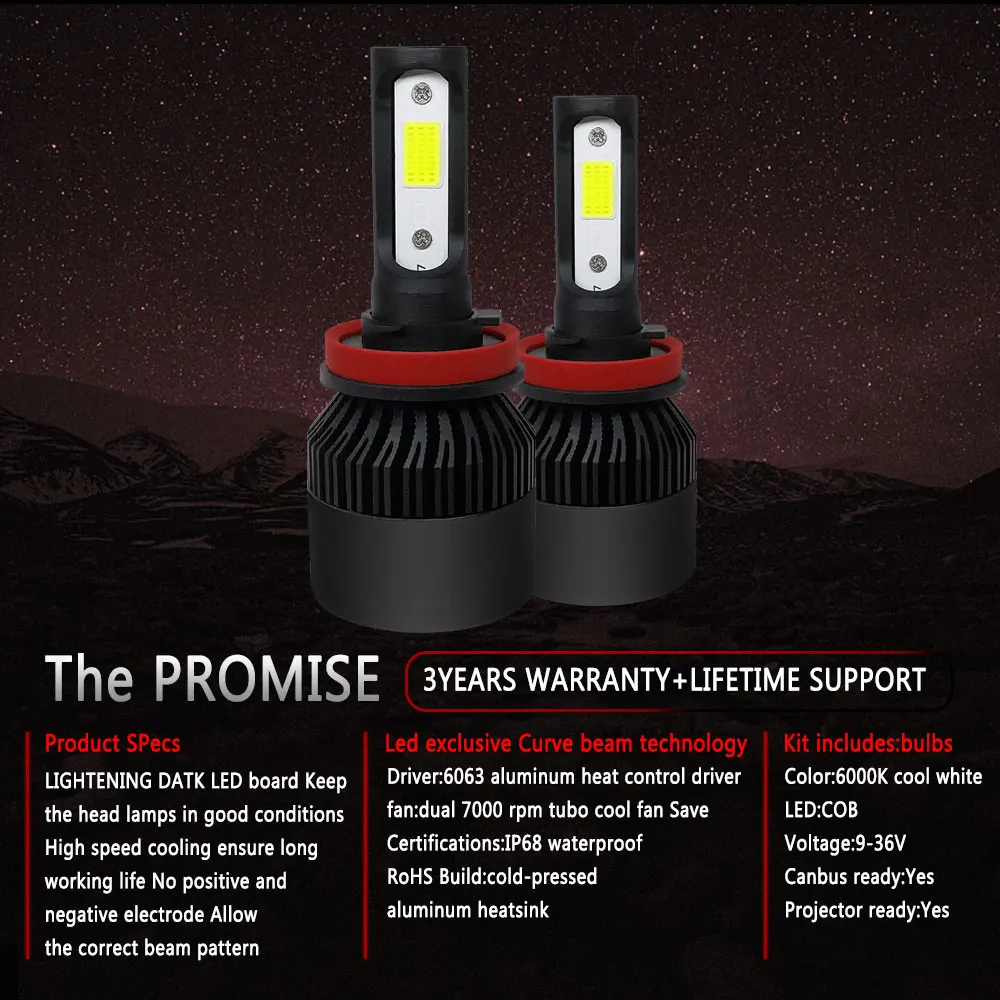 TSlight комплект автомобильных фар S2 черный 36 Вт 6000 К светодиодный фонарь 4000лм H1 H4 H7 H11 9005 9006 12 В Автомобильный Универсальный налобный фонарь