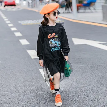 

Girl Black Dress Autumn Mesh Patchwork Princess Dress Print Children Clothing Fashion Kids Dresses for Girls Clothes 10 12 Years