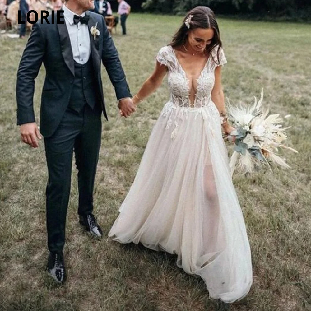 LORIE Tulle Wedding Dresses Lace Appliqued Boho Bridal Gown Beach 2020 Custom Made V-neck Backless Vintage Country | Свадьбы и