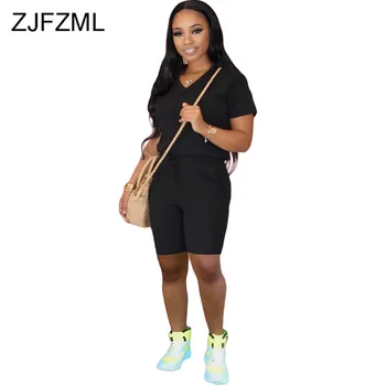 

Solid Causal Two Piece Tracksuit Female Clothes V-Neck Short Sleeve Basic T Shirt and Biker Shorts Suit Plus Size Summer Outfit