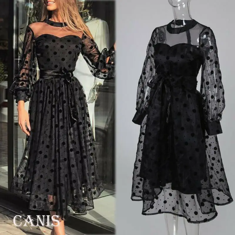 

Vintage Stylish Mesh Polka Dot Midi Dress Women Fashion Round Neck Long Sleeve See Through Dresses Casual Vestidos Mujer