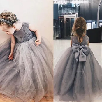 

Flower Girl Dresses 2020 Gray Tulle Lace Appliques Bow Back Ball Gown Floor Length Birthday Party communion dresses