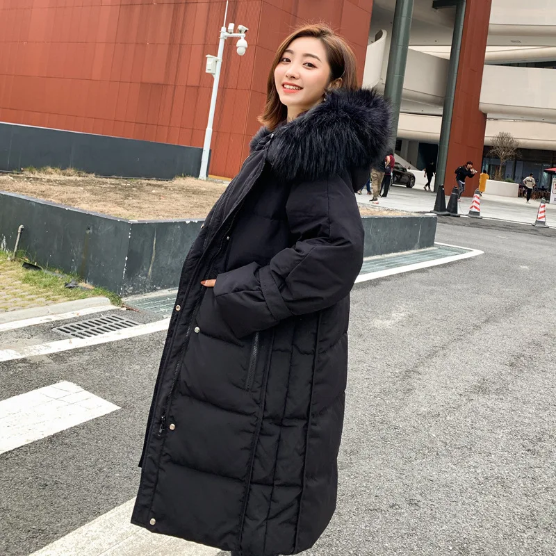 New Korean Style Women Loose Duck Dow Jackets Loose Oversized Parka Mid Long Warm Outerwear Coat Female Real Fur Hooded Jacket