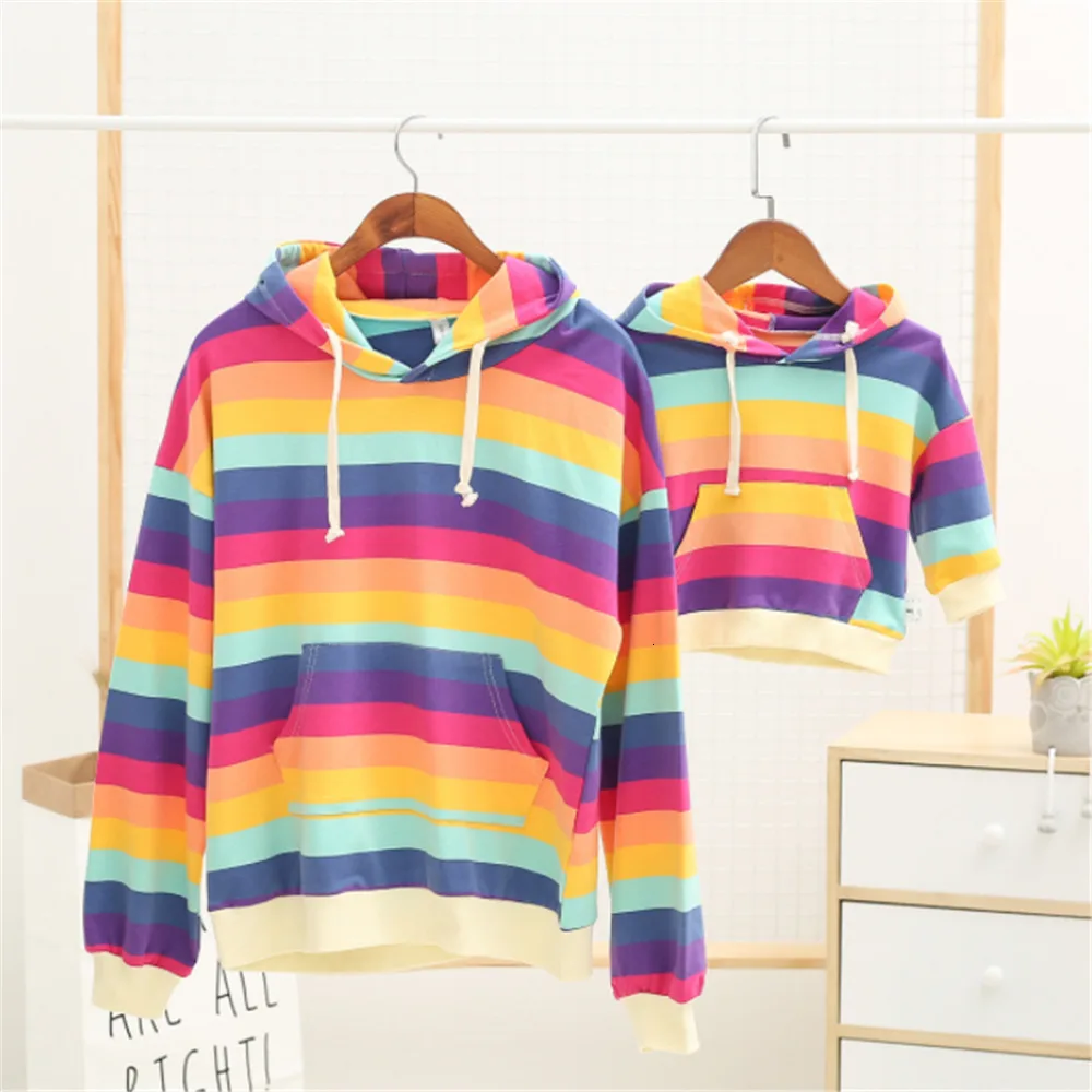 

Family Matching Sweatshirts Mommy and Me Rainbow Striped Hooded pullover Mother Daughter Son Fashion Sweatshirt Clothes Outfits