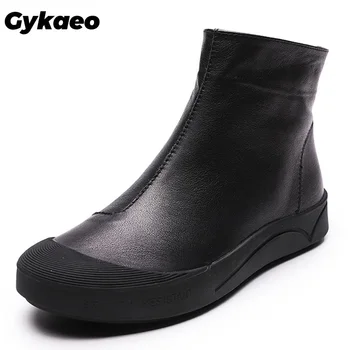 

Gykaeo Balck White Female Genuine Leather Boots Mother Flat Ankle Boots for Women Winter Warm Shoes Botas Mujer Invierno 2020