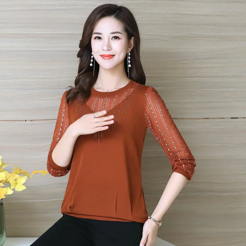 

Spring Women Sequined Blouses Red Black Caramle Green Chic Chiffon Long Sleeve Tops Middle Aged Woman Casual Blouse Plus Size