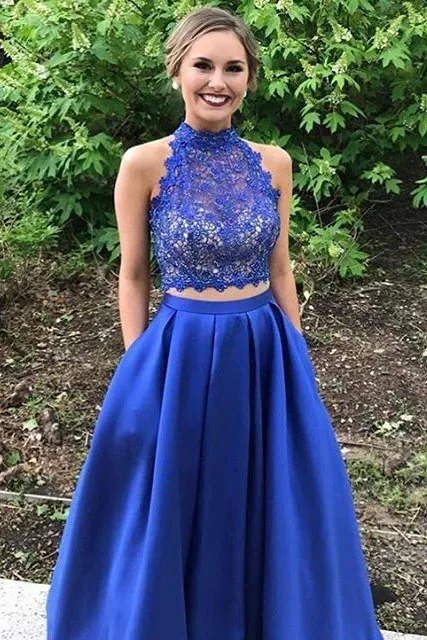 

Blue Prom Dresses 2 In 1 Party Prom Gowns Lace Top High Neckline Formal Dress For Women vestidos de gala