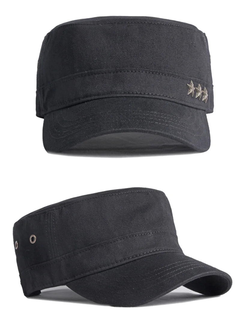 Casual Flache Top Armee Kappen Für Männer Hohe Qualität Baumwolle Militär Hüte Frauen Solid Black Sonnenhut Fünfzackigen Stern dekoration Visier – Detail 3