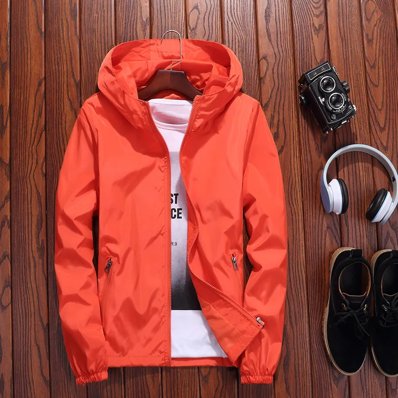 Новая весенне-летняя куртка-бомбер размера плюс 6XL 7XL, мужская и женская повседневная однотонная ветровка на молнии, тонкое пальто с капюшоном, верхняя одежда, мужская куртка - Цвет: Оранжевый