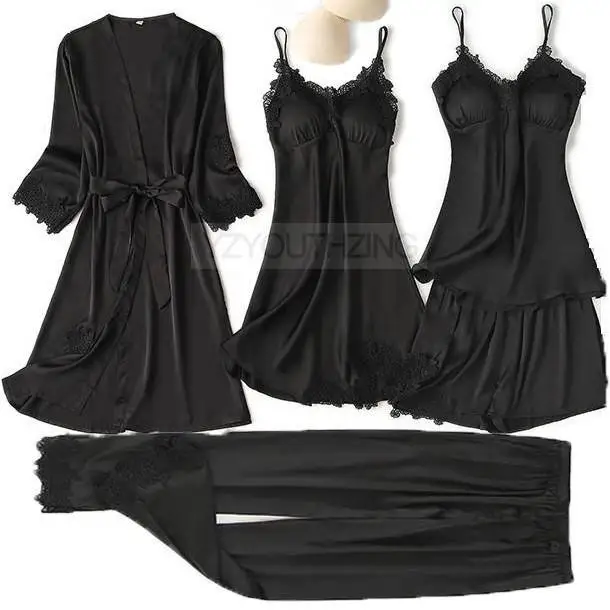 Pajama Set Women Lace Trim Satin Sleepwear Pyjamas Pour Femme Summer Nightwear With Pants Casual Home Wear Kimono Robe Gown PJS Black A