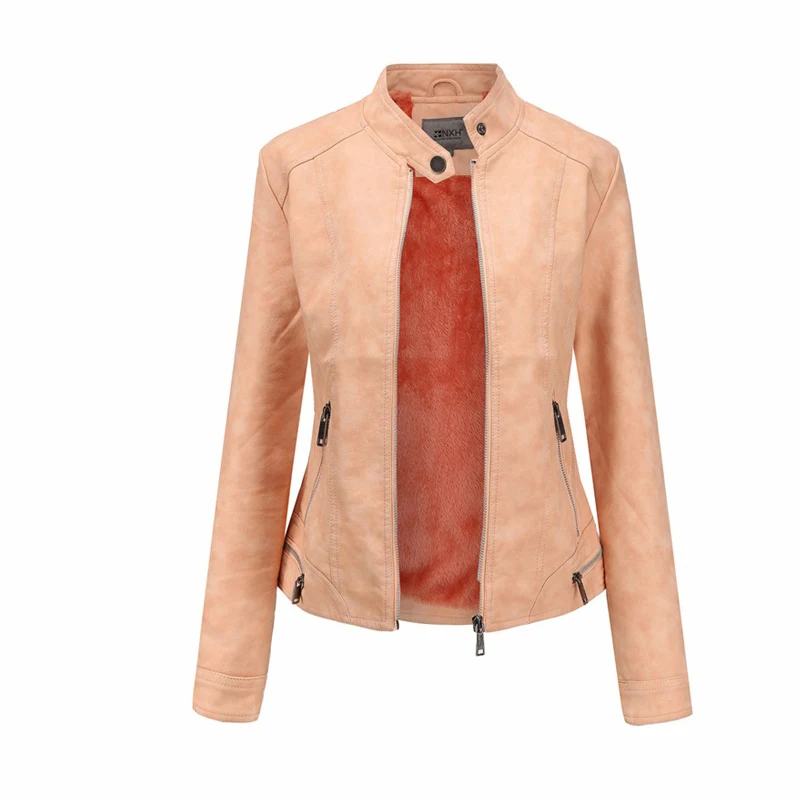 

Women's Autumn And Winter Jacket Ouma Retro Washing plus Velvet Coat for Female Leather PU Motorcycle Style Zipper Slim Coat