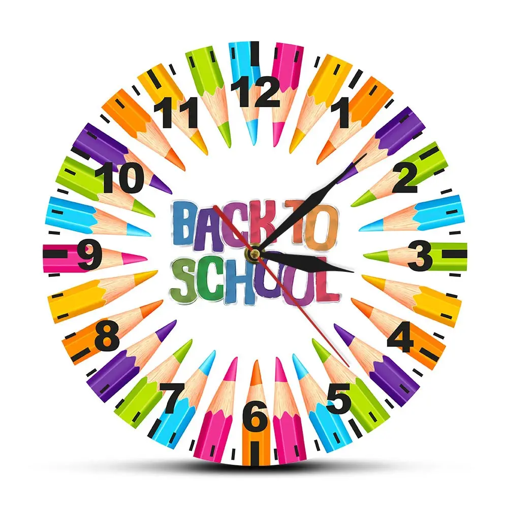 

Back To School Colored Pencils School Nursery Decor Clock Colorful Pencils Teacher's Classroom Round Clock Silent Wall Watch