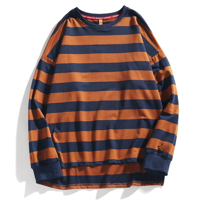 

2019 Spring And Autumn New Style Japanese-style High Street Stripes Long-sleeved T-shirt Loose-Fit Men Casual Crew Neck Tops Nav