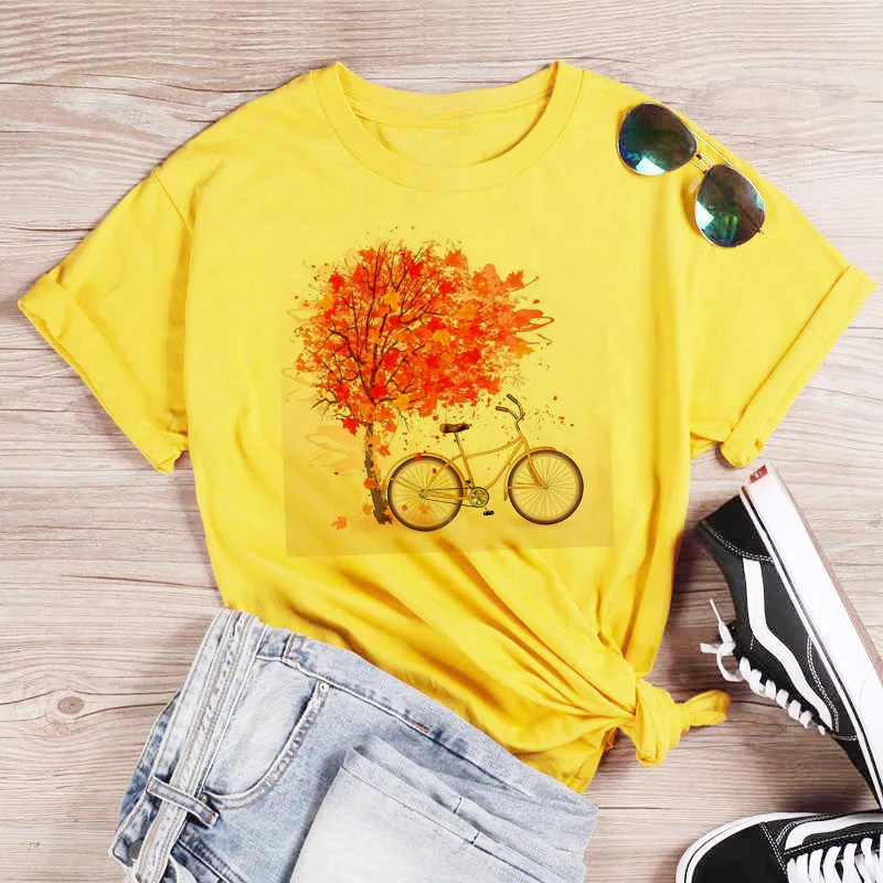 Pink T Shirt Women Beautiful Scenery Bicycle Vogue Casual Tshirt Harajuku Korean Style Graphic Tops Kawaii Short Sleeve T-shirt