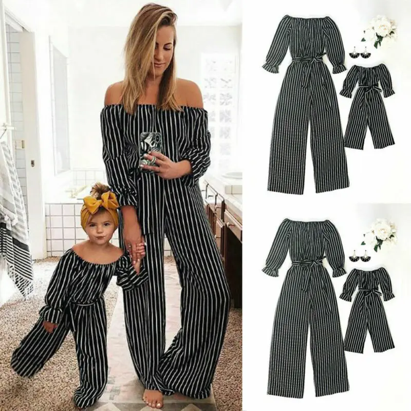 

Family Matching Clothes Mother Daughter Women Girls Off Shoulder Strip Jumpsuit Striped Sashes Bow Long Sleeve Suits Outfits