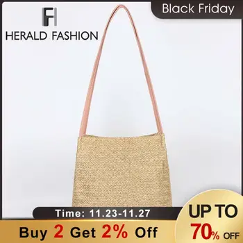 

Herald Fashion Women Straw Bucket Bag Summer Beach Bag Rattan Woven Handmade Knitted Large Capacity Female Shoulder Bag Bohemia