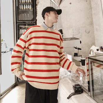 

Winter Striped Sweater Men's Warm Fashion Contrast Color Casual Knit Sweater Men Wild Loose Long-sleeved Pullover Male Clothes