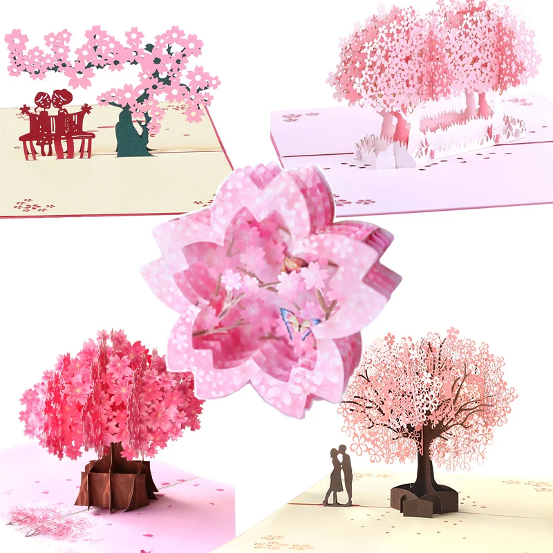 3D Laser Cut Cherry Blossom Tree Cards Postcards Weeding Pink Envelope  Beauty 