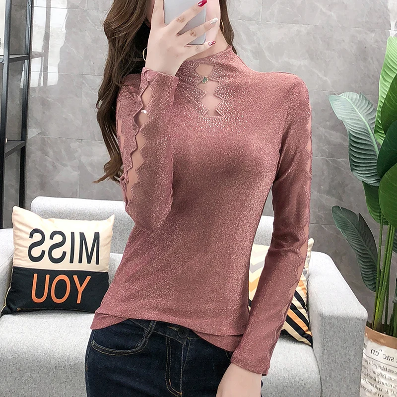 Blusas mujer de moda, размера плюс, женские топы, одноцветные, водолазка, с вырезом, черный, с длинным рукавом, топ, рубашки для женщин, 7849 50