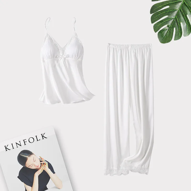 Kupokasi Fashion Ice Slik 2pcs Women Pajamas Casual Nightwear Strap Sleepwear Female Solid color Summer Pyjama Homewear sexy pjs