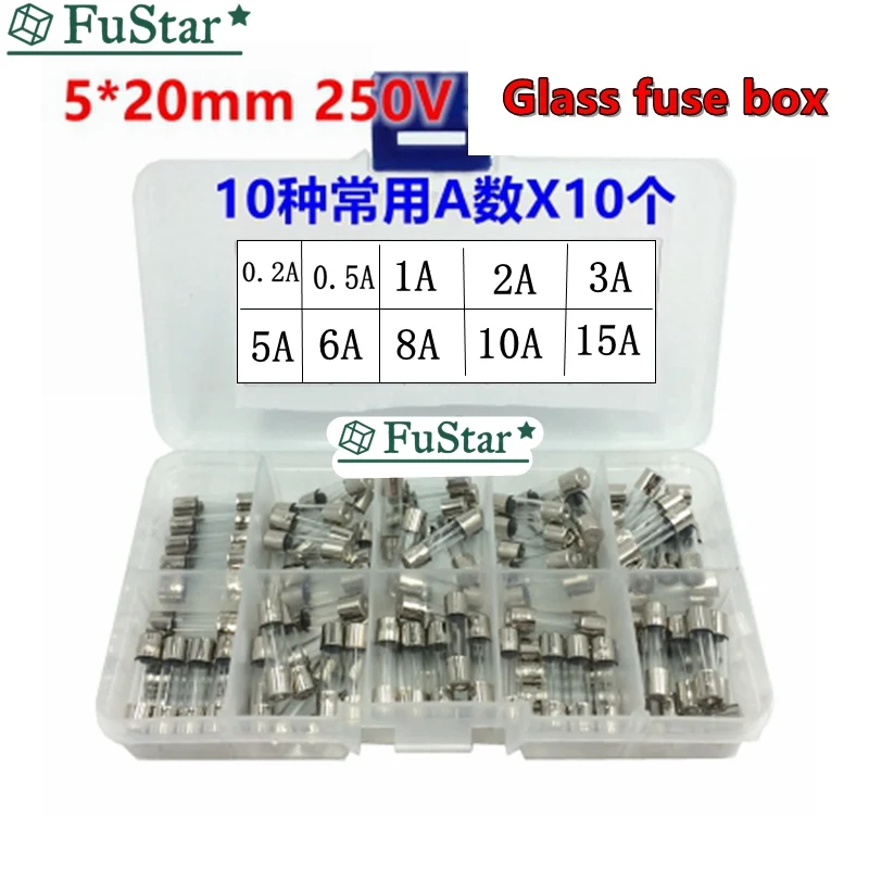 

100p 5*20 250V Fast-blow Glass Tube Fuses Quick Blow Car Glass Tube Fuses Assorted Kit Amp 5X20 with Box Assortment Kit fusiveis