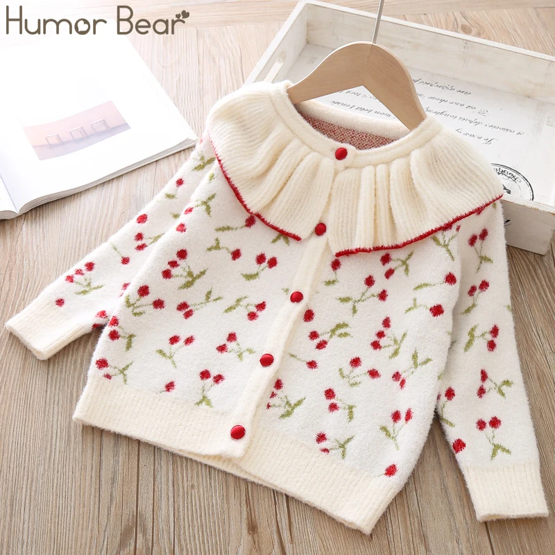 Humor Bear/Новинка г.; свитера для маленьких девочек; осенне-зимний свитер; пальто в Корейском стиле с кружевным воротником; Вишневый кардиган; свитера для девочек