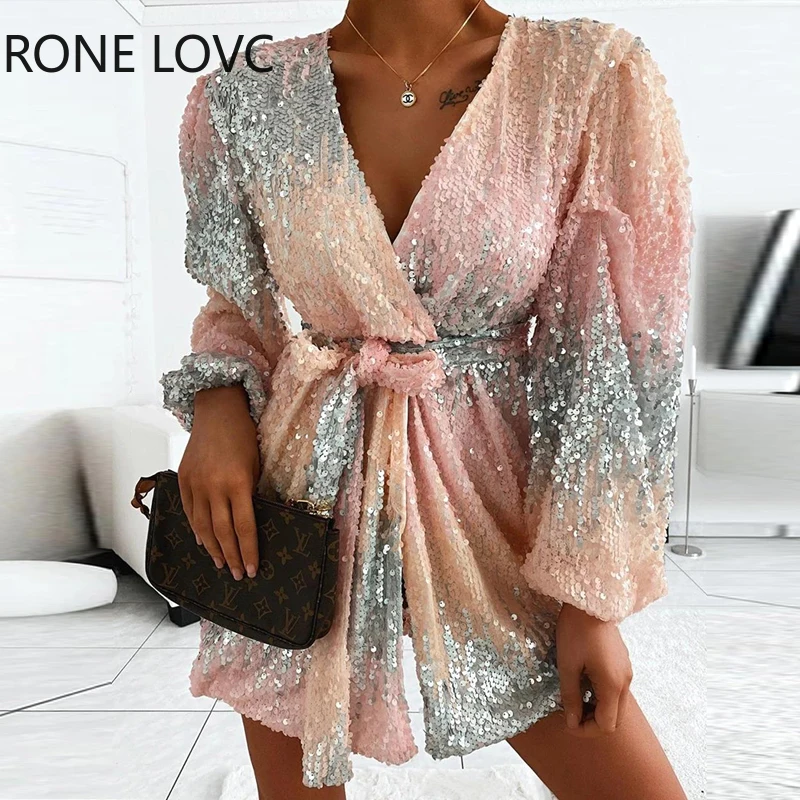 Женское шикарное мини-платье с V-образным вырезом блестками поясом и