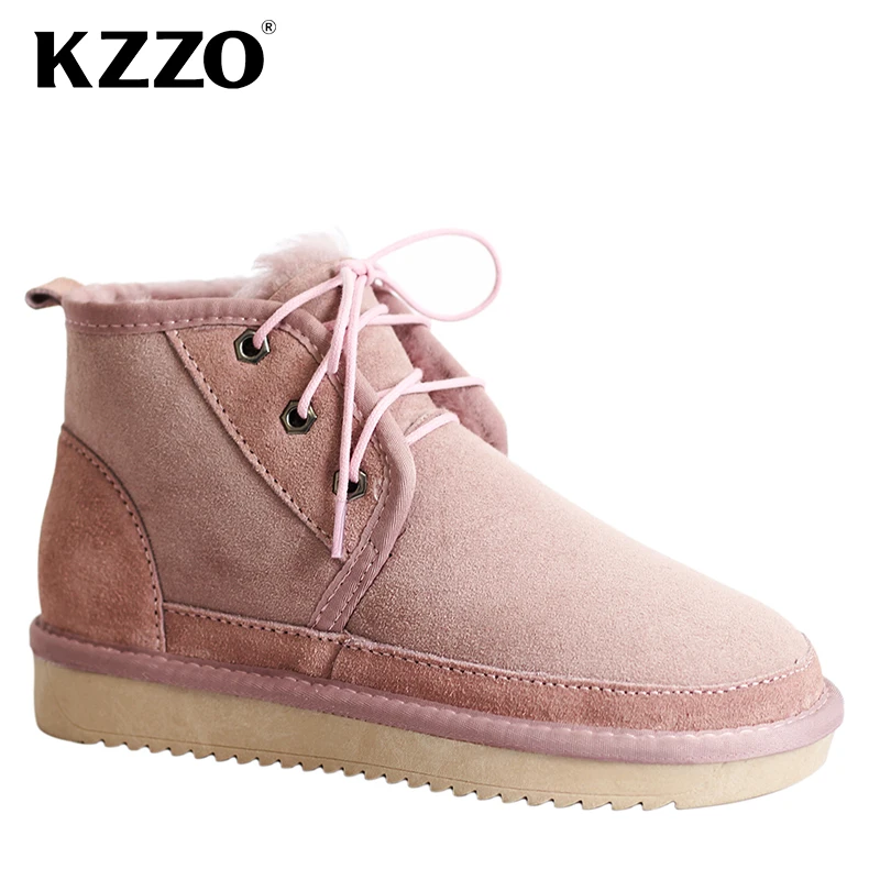 

KZZO Sheepskin Leather Snow Boots For 2023 Women Natural Sheep Wool Fur Lined Ankle Winter Warm Shoes Casual Flat Lace-up Boots