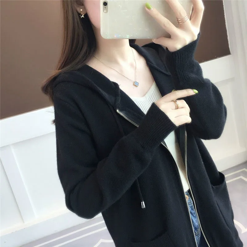 black cardigan Woherb свитер женский сплошной цвет длинный рукав с капюшоном вязаный кардиган пальто молния Свободная трикотажная куртка корейская мода новинка 90990 - Цвет: black cardigan