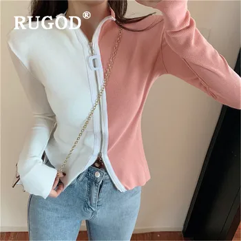 

RUGOD Women 's Sweater Korean style Patchwork Half Turtleneck Zipper Long Sleeve Knitted Cardiagans Casual Lady 2019 autumS