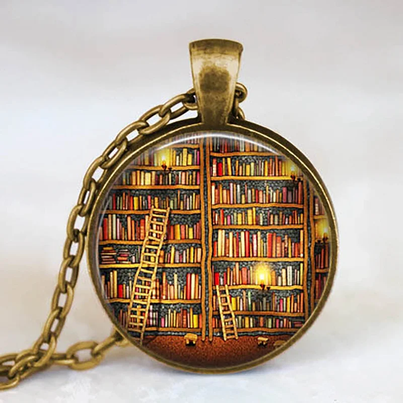 New Fashion Necklace Glass Dome Vintage Library and Books Pendants Necklace For Students Teachers And Librarians Necklace