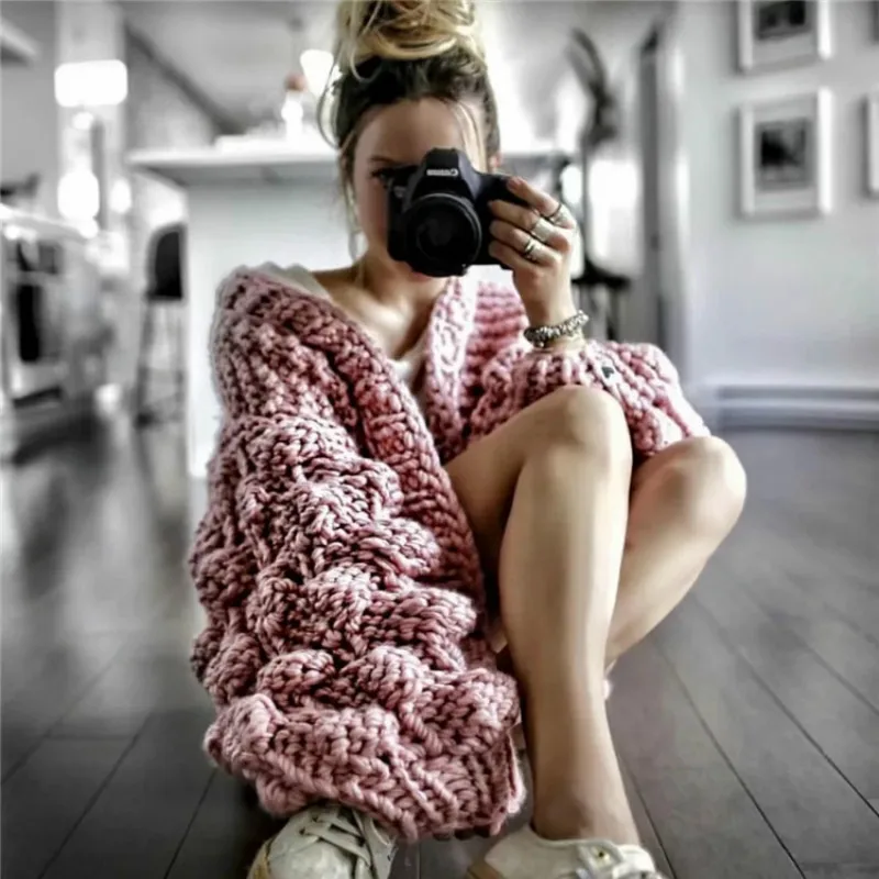 Autumn winter coarse wool hand-knit sweater women V-Neck lazy wind Rough Knitted Lantern Sleeved cardigan jacket Coat Tops |