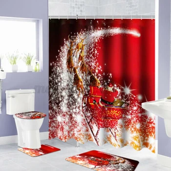 

4Pcs/set 180x180cm Waterproof Christmas Shower Curtain Bathroom Mat Lid Toilet Rug Mat Kit/curtain+mat Kit