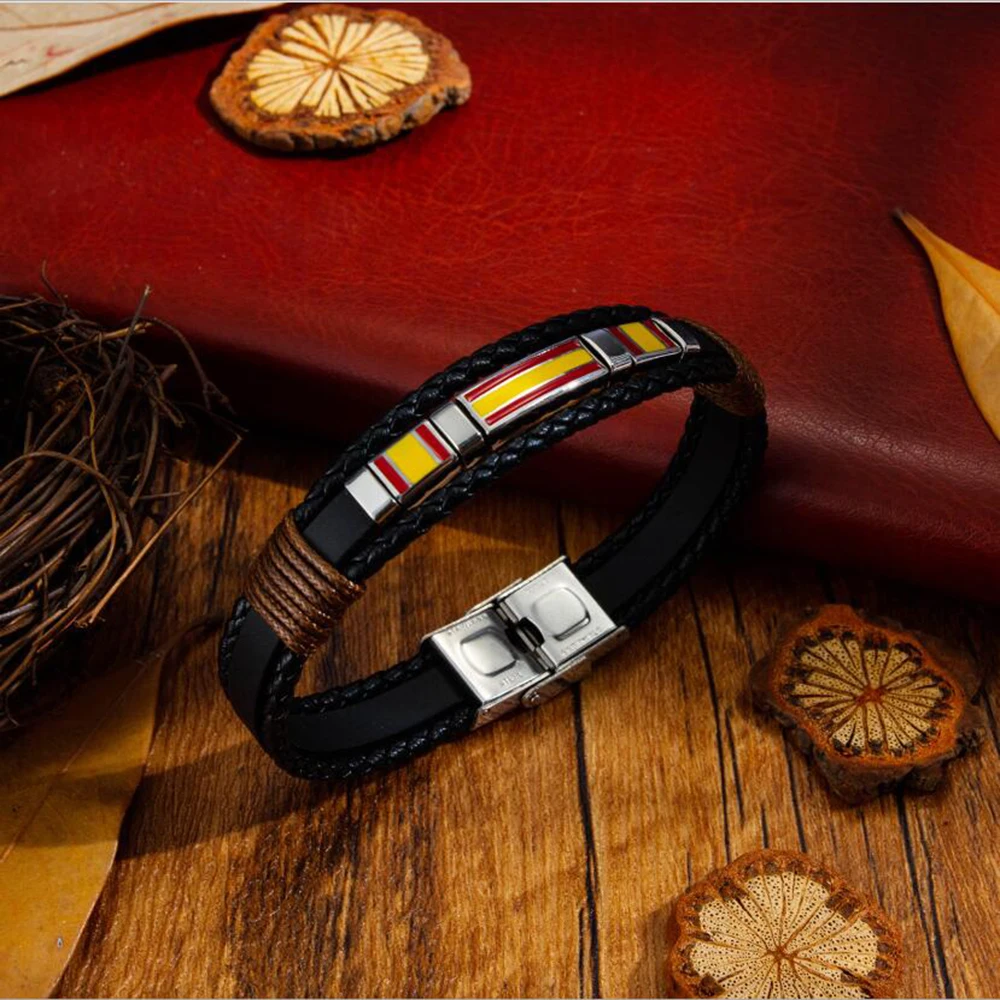 Leather Bracelets FIMAODZ Spain Flag Bracelet Men Stainless Steel Vintage Handwoven Multilayer Leather