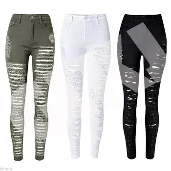 

Hot Sexy Women Destroyed Ripped Denim Jeans Skinny Hole Pants High Waist Stretch Jeans Slim Pencil Trousers Black White Blue