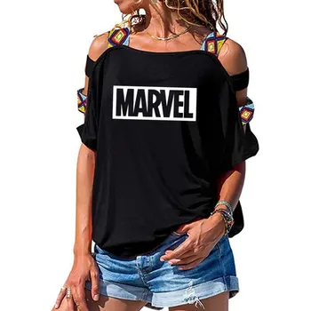 

Punk Rock MARVEL Print Cotton Plus Size T-shirt Women Sexy Cute Tshirt Tops Harajuku Casual Sexy Hollow Out Shoulder T-shirt