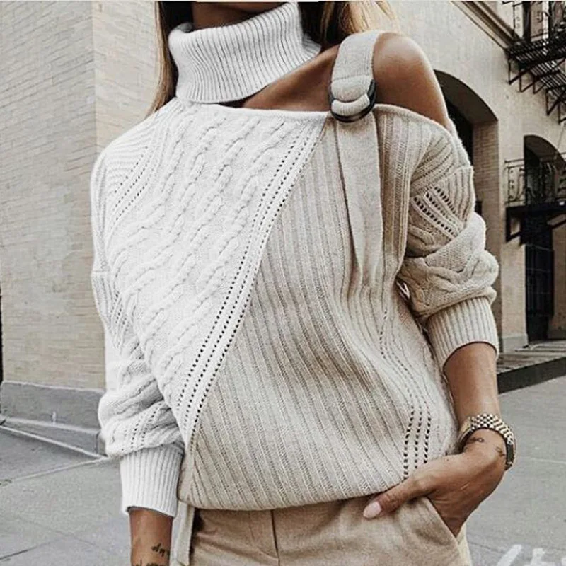 Apricot White Винтажный ажурный контрастный женский свитер, вязаный свитер с высоким воротом, женские пуловеры, Осень-зима, повседневные Модные женские свитера - Цвет: Apricot White