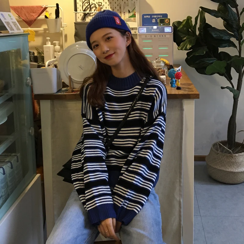 Женские свитера японский Kawaii Ulzzang Повседневный свободный шикарный полосатый свитер с длинным рукавом Женская Корейская Harajuku одежда для женщин