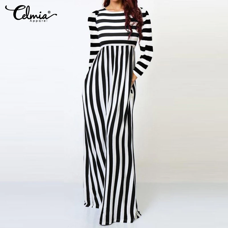 

2019 Celmia Elegant Women Office Stiped Jumpsuits Autumn Casual Slim Long Sleeve Wide Leg Pants Long Pantalon Plus Size Overalls