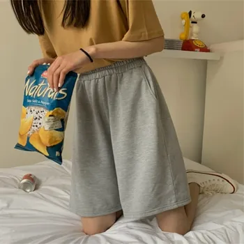 2021 여름 여성 반바지, 탄성 사랑스러운 소녀, 한국 스타일, 달콤한 학생 하라주쿠, 심플 퓨어 그레이, 오버사이즈 바지