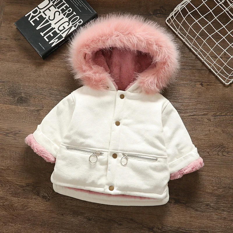  Plus Velvet Baby Girl Winter Coat Hooded Fur Collar Infant Girls Fleece Jacket 1-4 Years Kids Toddl