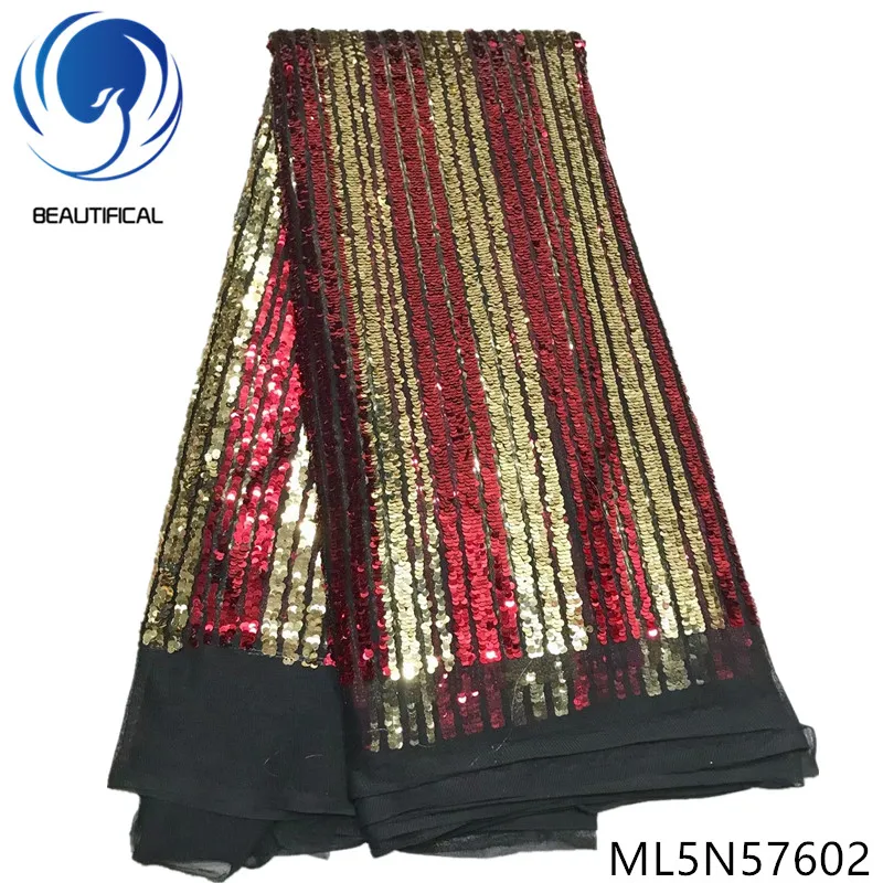 Beautifical Net african lace fabrics New arrival 5 centimeter two-tone sequins embroidery net lace fabric for dress ML5N576