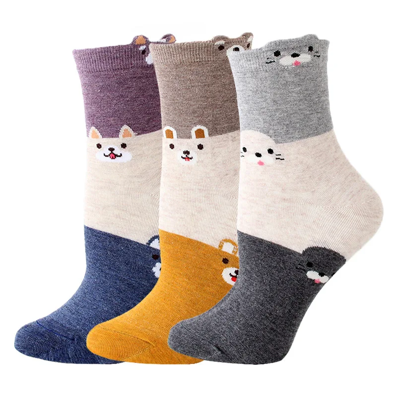 Для женщин Забавные милые Мультяшные носки Socken Harajuku хлопковые кавайные Носки жаккардовые Животные женский сезон: весна–лето носки 3 пары/партия# F - Цвет: A 3pairs