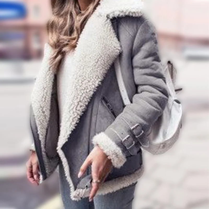 Женское замшевое пальто из овечьей шерсти, байкерское пальто с отворотами, утолщенная куртка для женщин, зимняя высококачественная куртка