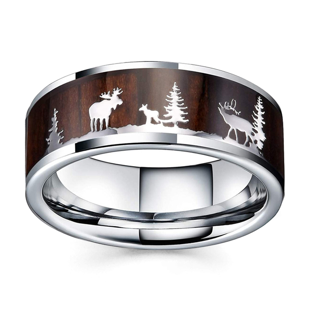 Fashion 8mm Men Black Tungsten Wild Life Hunting Ring Koa Wood Inlay Deer Family Silhouette Steel Ring Men Wedding Band