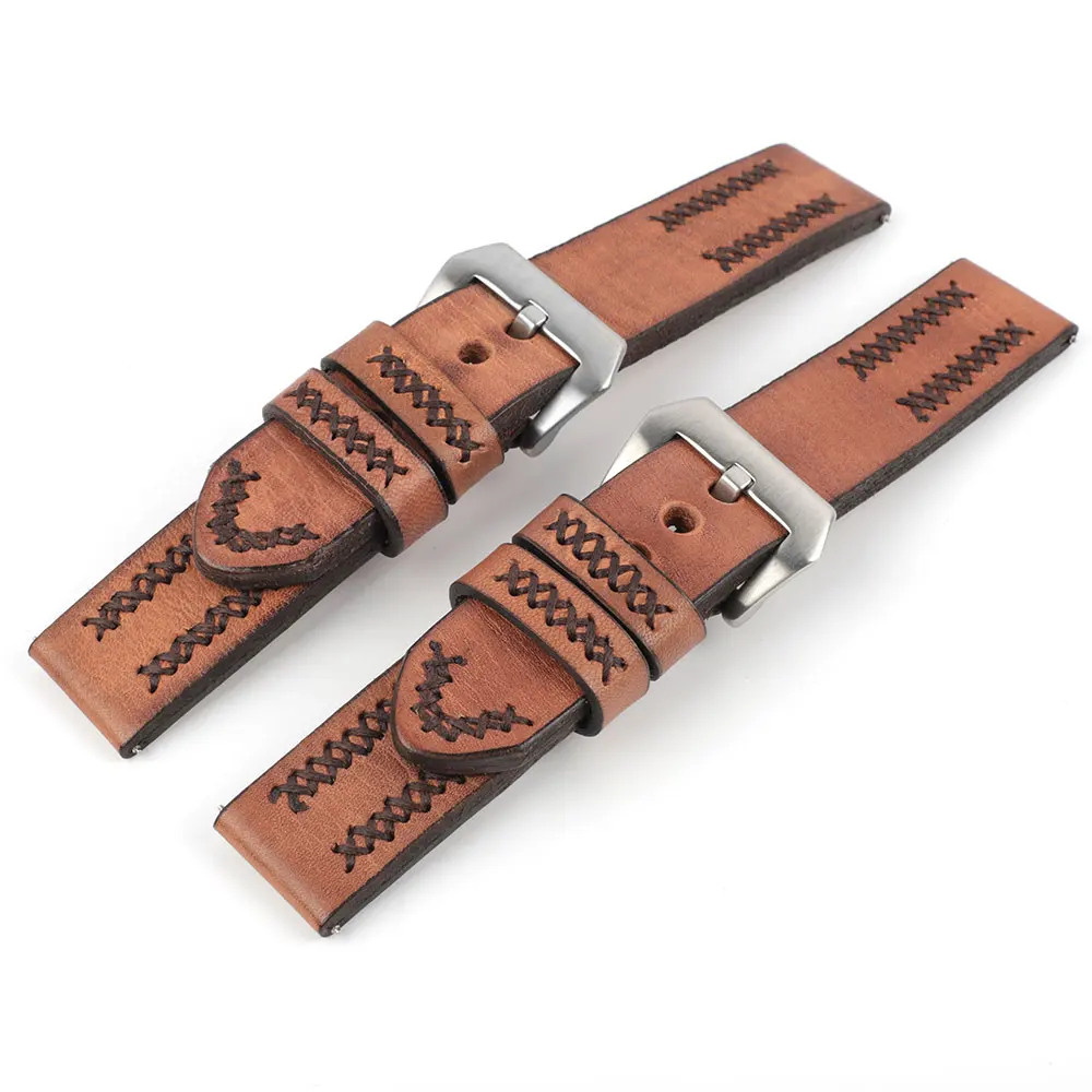 Vintage Handmade Watch Strap 24mm Genuine Leather Watchband Wristband For Men Watch Accessories With Stainless Steel Buckle