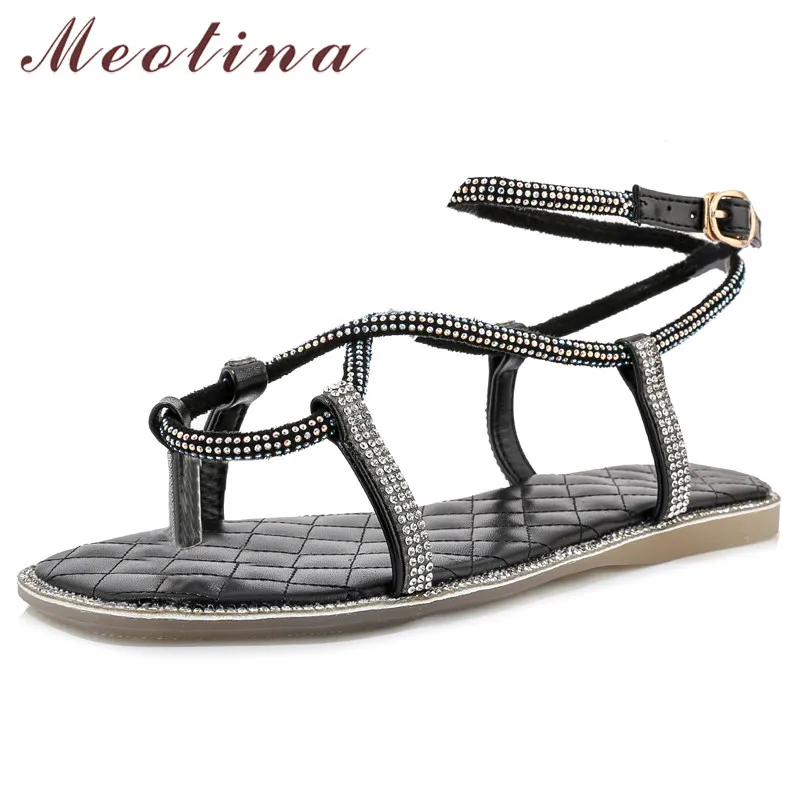 

Meotina Summer Sandals Women Shoes Rhinestone Flat Ankle Strap Shoes Mixed Colors Buckle Open Toe Sandals Female Plus Size 33-46