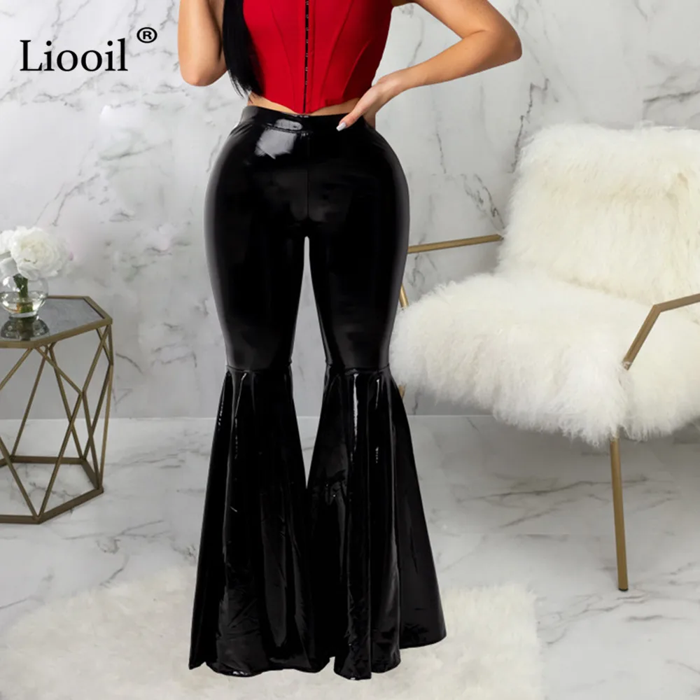 Liooil брюки-клеш из искусственной кожи с высокой талией,, уличная одежда, Сексуальные клубные обтягивающие брюки, женские облегающие брюки черного и красного цвета