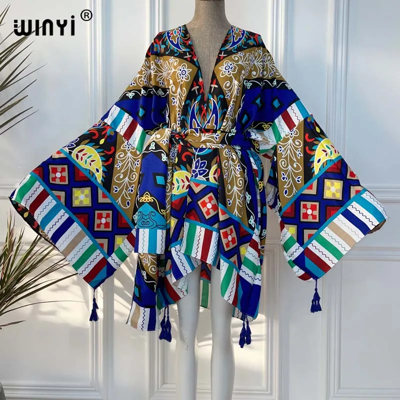 2021 WINYI new Cotton Bikini Sweet Lady Pink Boho Print Self Belted Front Open Long Kimono Dress Beach Tunic Women Wrap Dresses bathing suit with matching cover up Cover-Ups